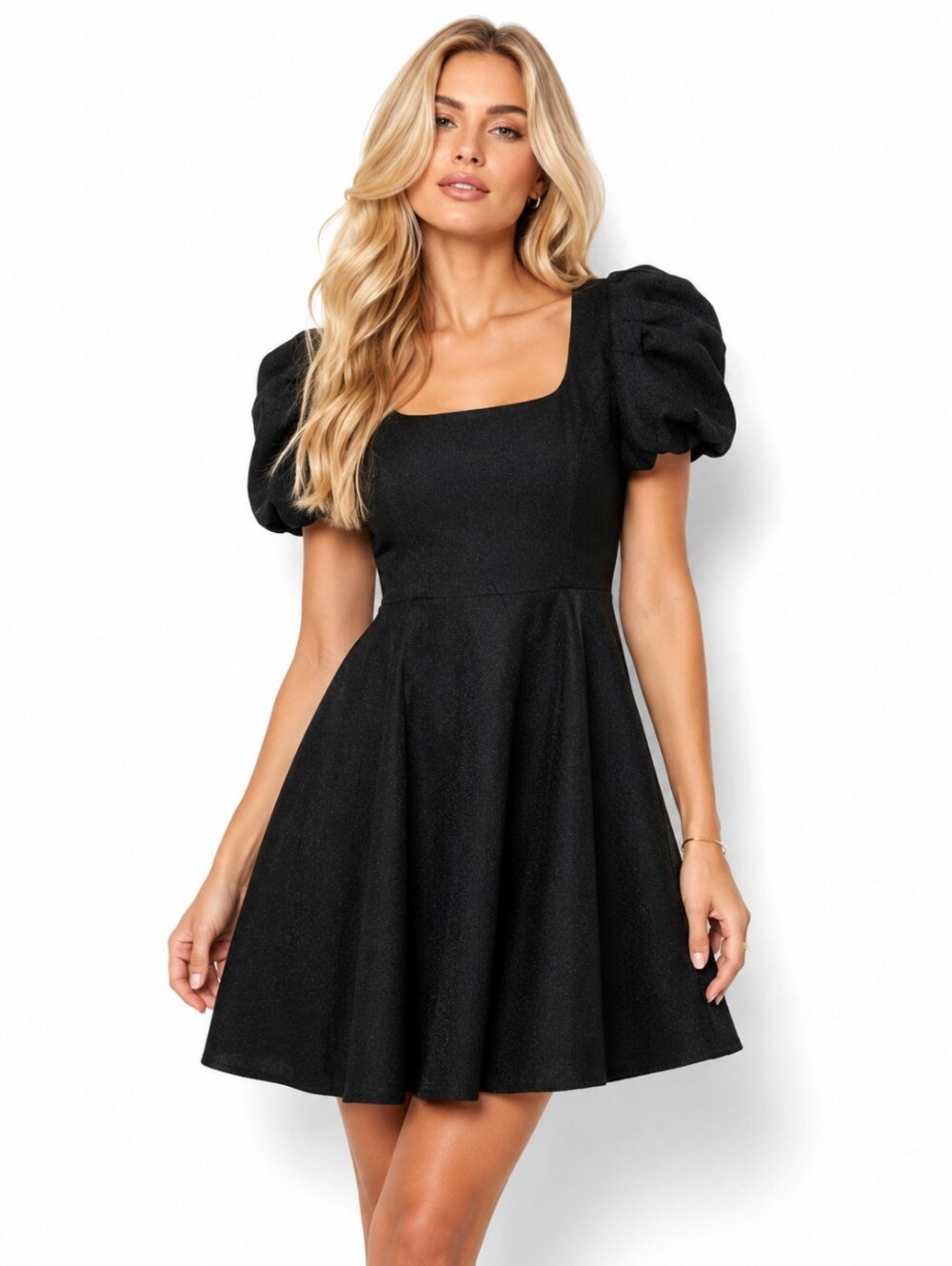 Ivy City Co Black Shimmer Puff Sleeve Fit & Flare Dress XXS